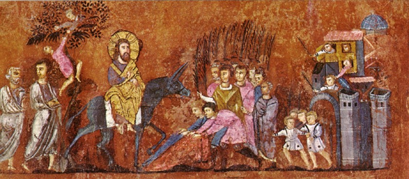 Ingresso di Gesù in Gerusalemme(Codex purpureus, evangelario greco del VI sec. di origine mediorientale,Museo diocesano di Rossano Calabro).jpg