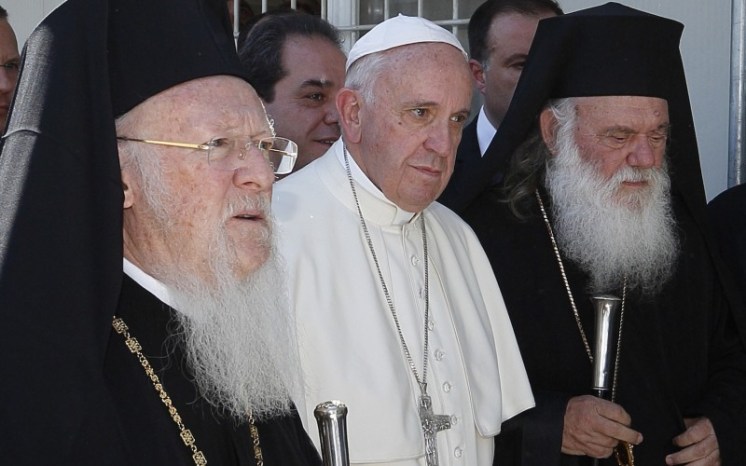 Ecumenical Patriarch Bartholomew of Constantinople, Pope Francis and Orthodox Archbishop Ieronymos II of Athens