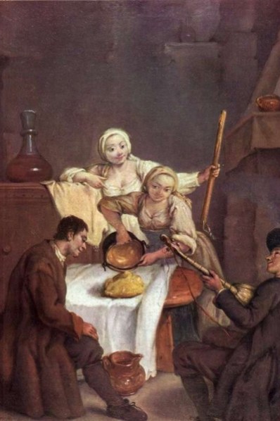Dentro la bellezza (24) Longhi Falca Pietro, La polenta, 1740, olio su tela. 61 x 50 cm. Collocazione; Ca' Rezzonico, Venezia.