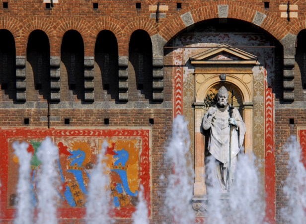 Milano, a detail of Sforzesco Castle with water from the fountain