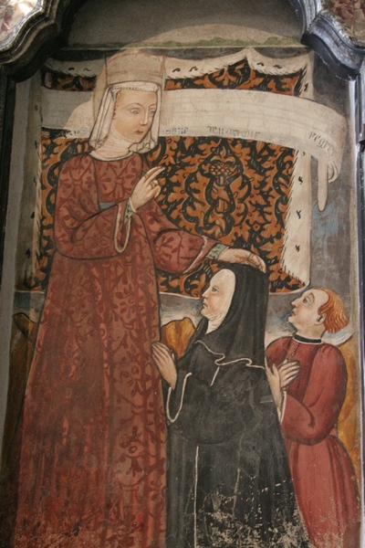 Dentro la bellezza (27) Santa Guglielma benedice Maifreda e Andrea Saramitano, Chiesa di San Andrea, Brunate (CO) affresco XV