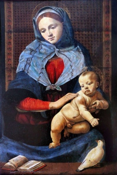 Madonna della colomba, circa 1490, olio su tavola, 87 cm x 58 cm. Museo del Louvre