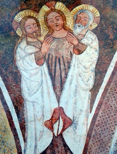 Dentro la bellezza (27) Trinità tricefala, affresco IX secolo, chiesa di San Giacomo Urschalling, Prien, Bavaria.