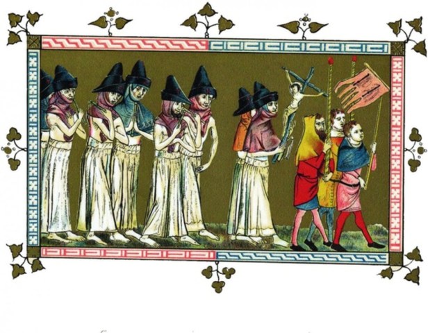 Des flagellants en procession dans les rues de Tournai (Doornik), Belgique, 1349.