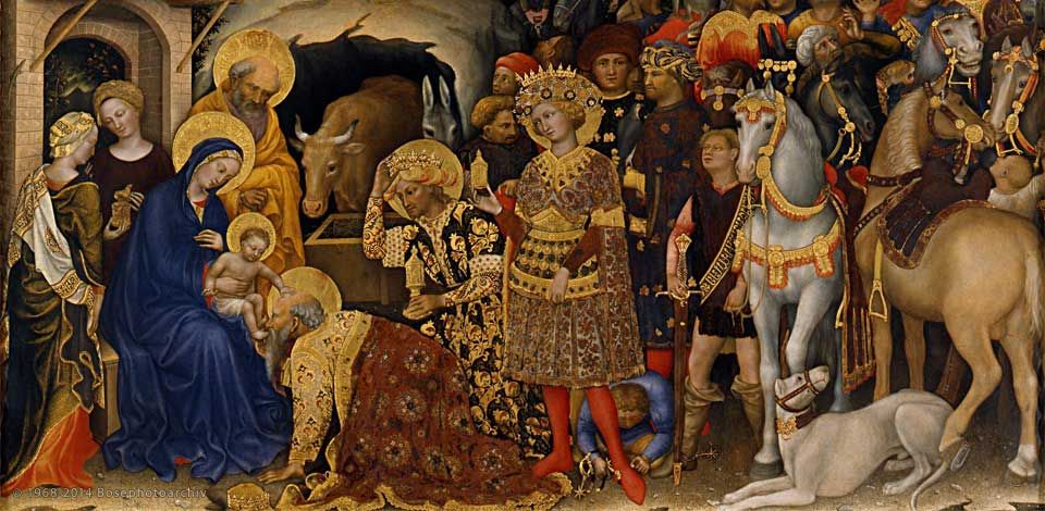 Gentile da Fabriano, Adorazione dei magi (Pala Strozzi), 1423, Tempera, oro e argento su tavola, 300×282 cm, Galleria degli Uffizi, Firenze.jpg