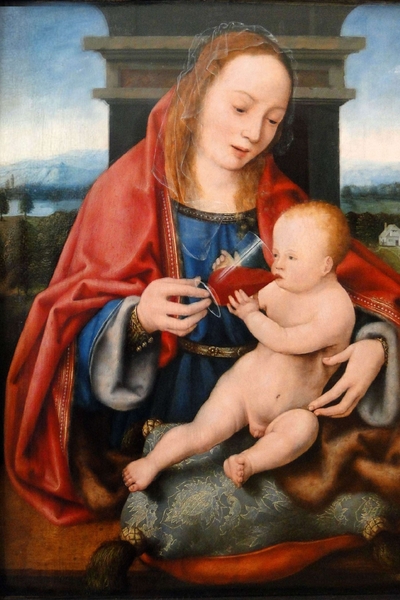 63 Joos van Cleve, La Vergine col Bambino che beve vino, olio su tela. 1540 - Museo delle Belle Arti, Budapest.