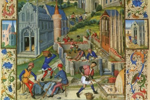Saint-Denis, la costruzioni di 12 chiese per i dodici apostoli, miniatura del 1448