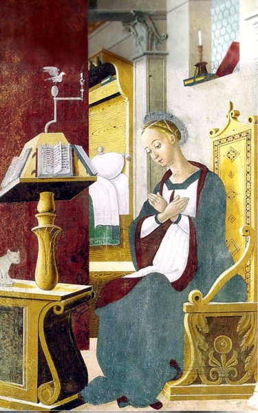 49.2 Giovan Pietro da Cemmo. L’annunciata, 1491, particolare affresco sulla parete destra del Presbiterio, chiesa di Santa Maria Assunta, Esino (BS)