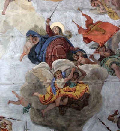 Chiesa della Madonna della Difesa, Cortina d’Ampezzo, Particolare dell’affresco attribuito a Giovan Battista Tiepolo, La Battaglia del passo di Cimabanche. XVIII sec.