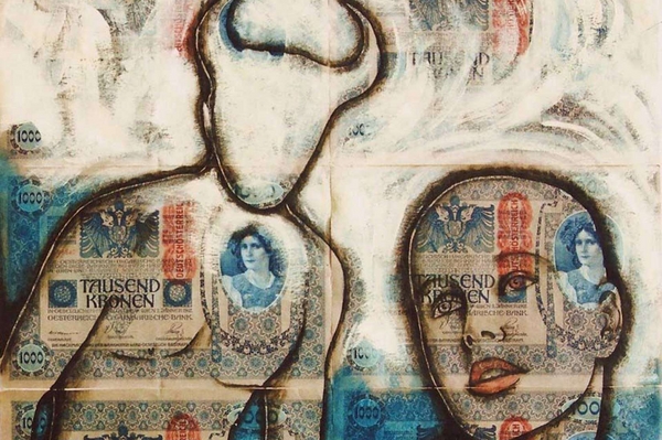 Antonio Natale, Il Ratto d’Europa (The Abduction of Europa), 2011, acrilico su 6 banconote originali Austro-ungariche del 1902; 38,5 x 38,5 cm.